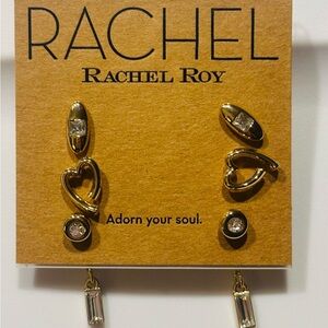 Rachel Roy Gold Tone 3-Pair Earrings– Heart, Crystal Studs & Baguette ‎ New Gift